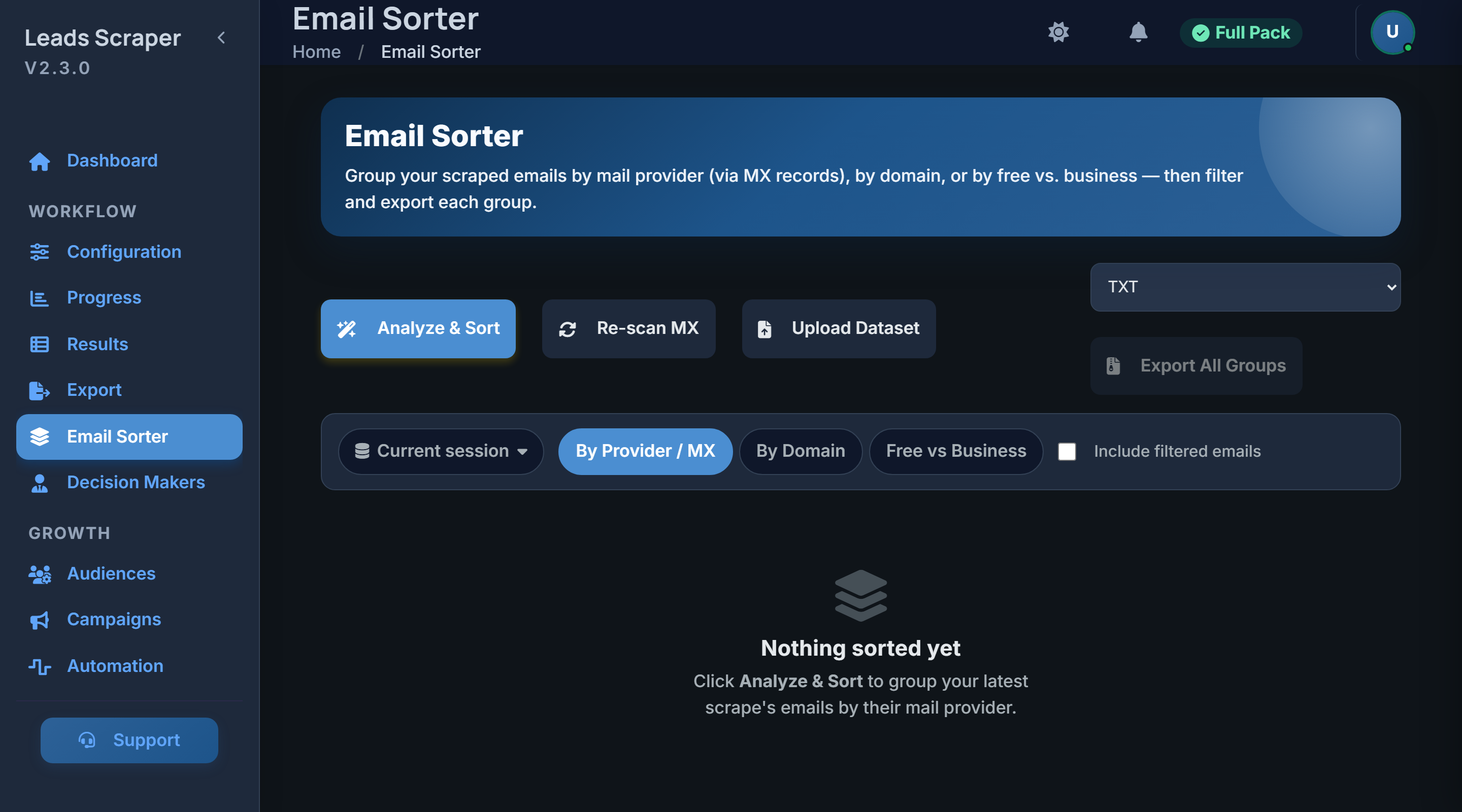 Email Sorter grouping scraped addresses across domains into mail-provider buckets by MX record